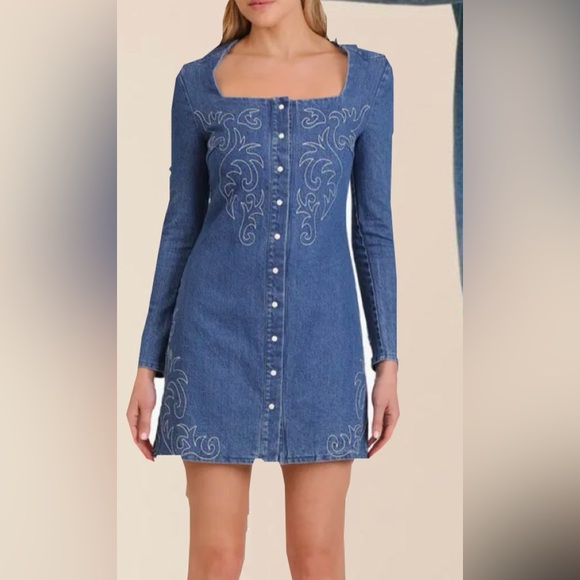 avec les filles denim dress Belted Drop Waist Stretch Midi Denim Dress Dark Wash Denim / 14